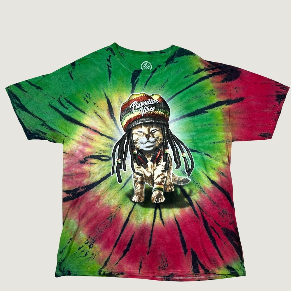 Dom Pawsitive Vibes T-Shirt Mens XL Multi Tie Dye Excellent Rasta Cat Graphic